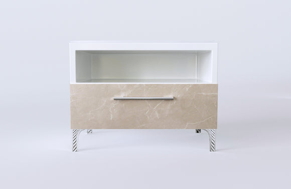 Nightstand White and Marble - Glass Top - Front